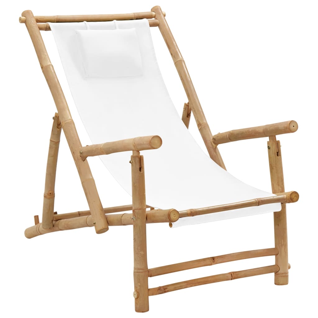 Vetonek Silla de playa de bambú y lona blanco crema 