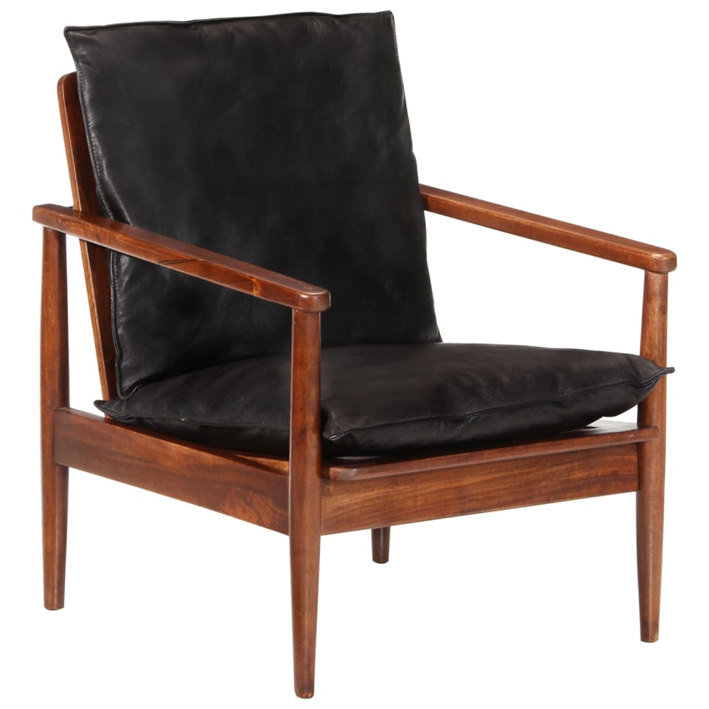 Vetonek Sillón madera maciza acacia y cuero auténtico negro