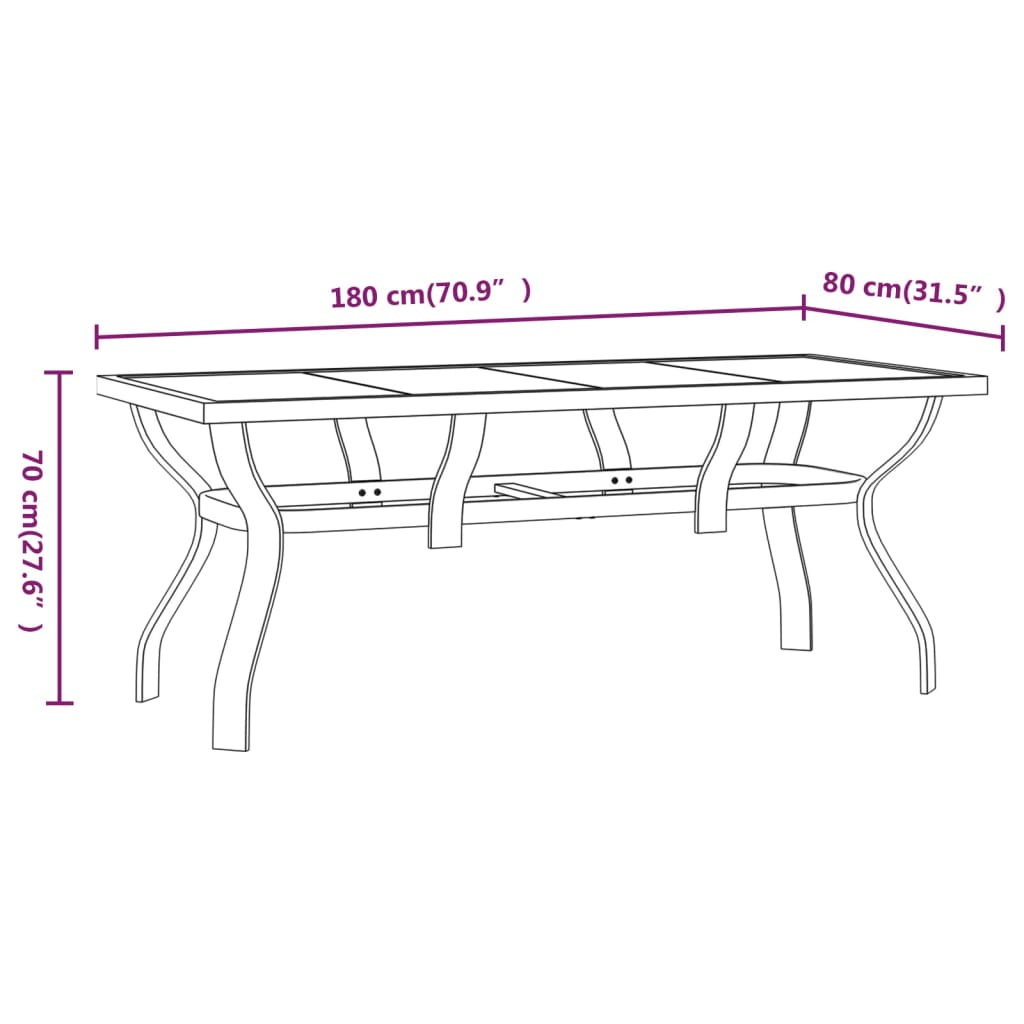 Mesa de jardín acero y vidrio negro 180x80x70 cm vidaXL