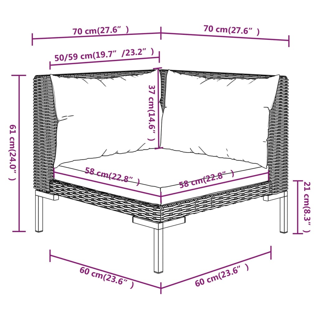 Muebles jardín 3 pzas ratán sintético semicircular gris oscuro vidaXL