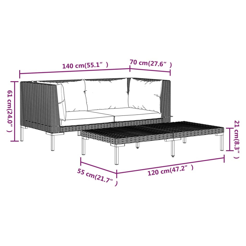 Muebles jardín 3 pzas ratán sintético semicircular gris oscuro vidaXL