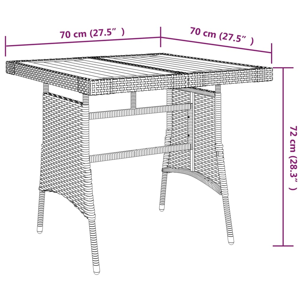 Mesa de jardín ratán sintético y acacia maciza negro 70x70x72cm vidaXL