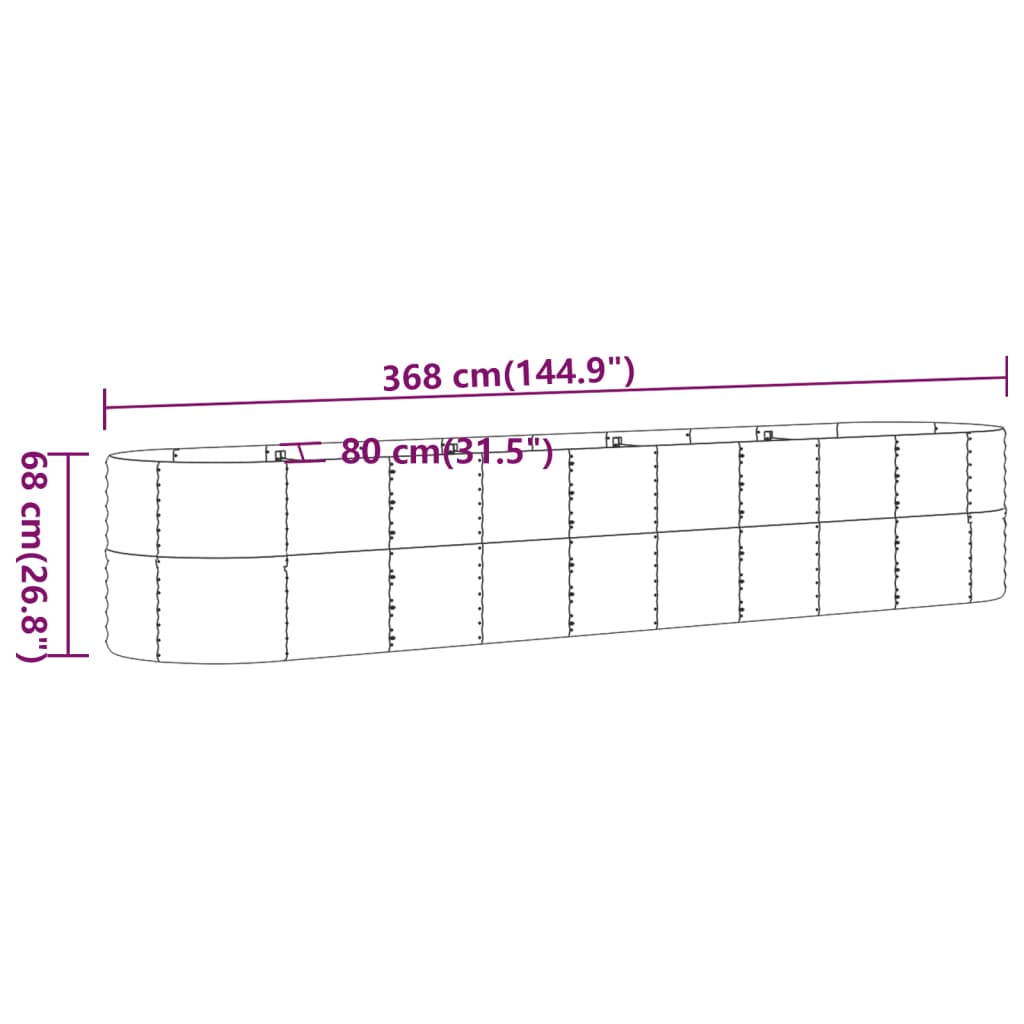 Stahlarriorate Jardinera -Beschichtung grünes Pulver 368x80x68 cm