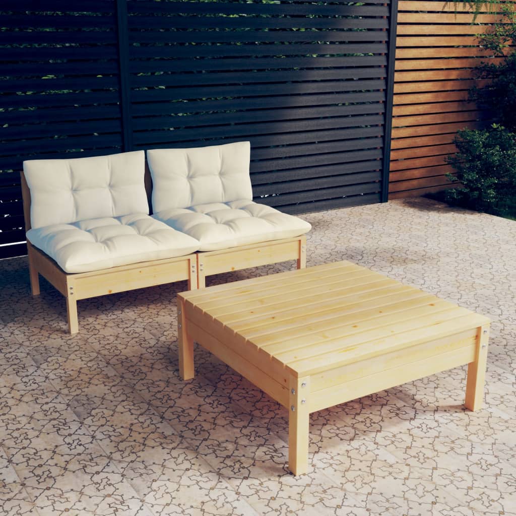 Vetonek Muebles de jardín 3 piezas cojines madera de pino crema