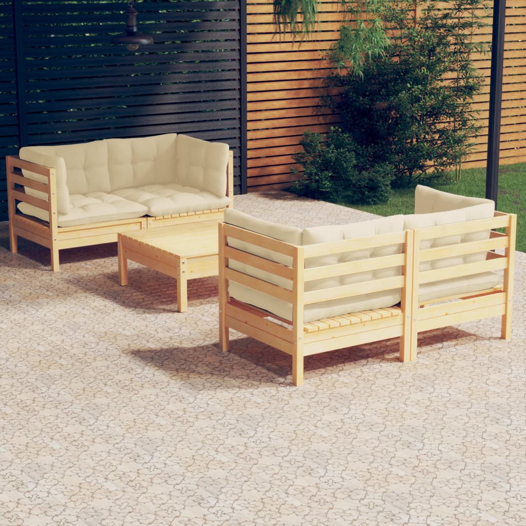 Vetonek Muebles de jardín 5 piezas cojines madera de pino color crema