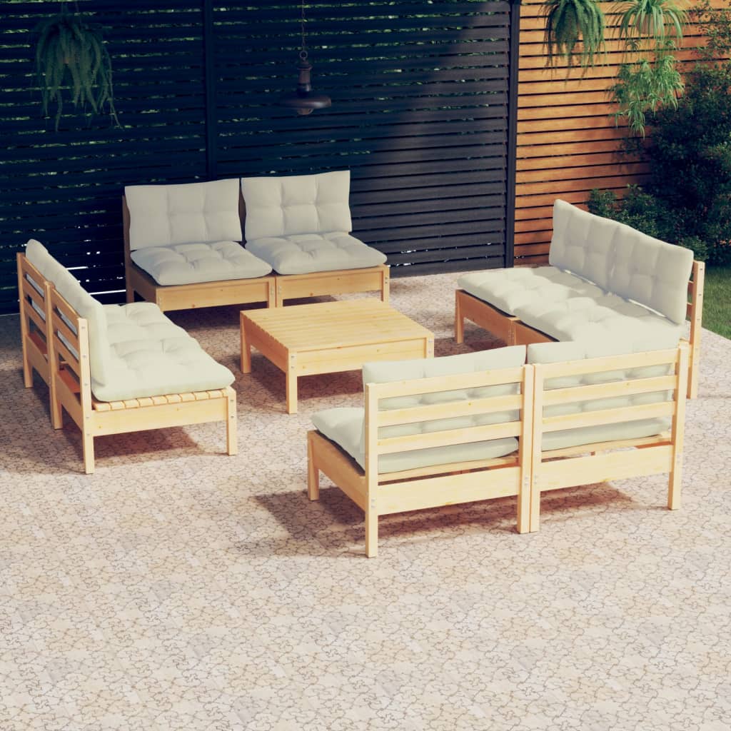 Vetonek Muebles de jardín 9 piezas cojines madera de pino color crema