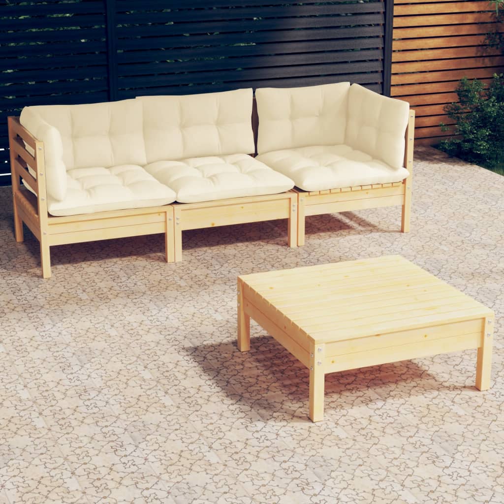 Vetonek Muebles de jardín 4 piezas con cojines madera de pino crema