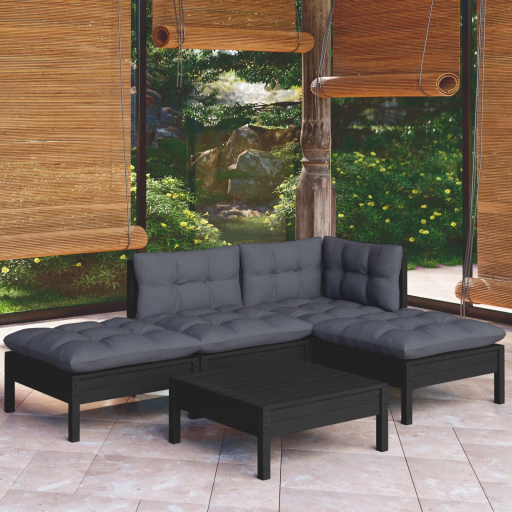 Vetonek Muebles de jardín 5 pzas con cojines negro madera de pino