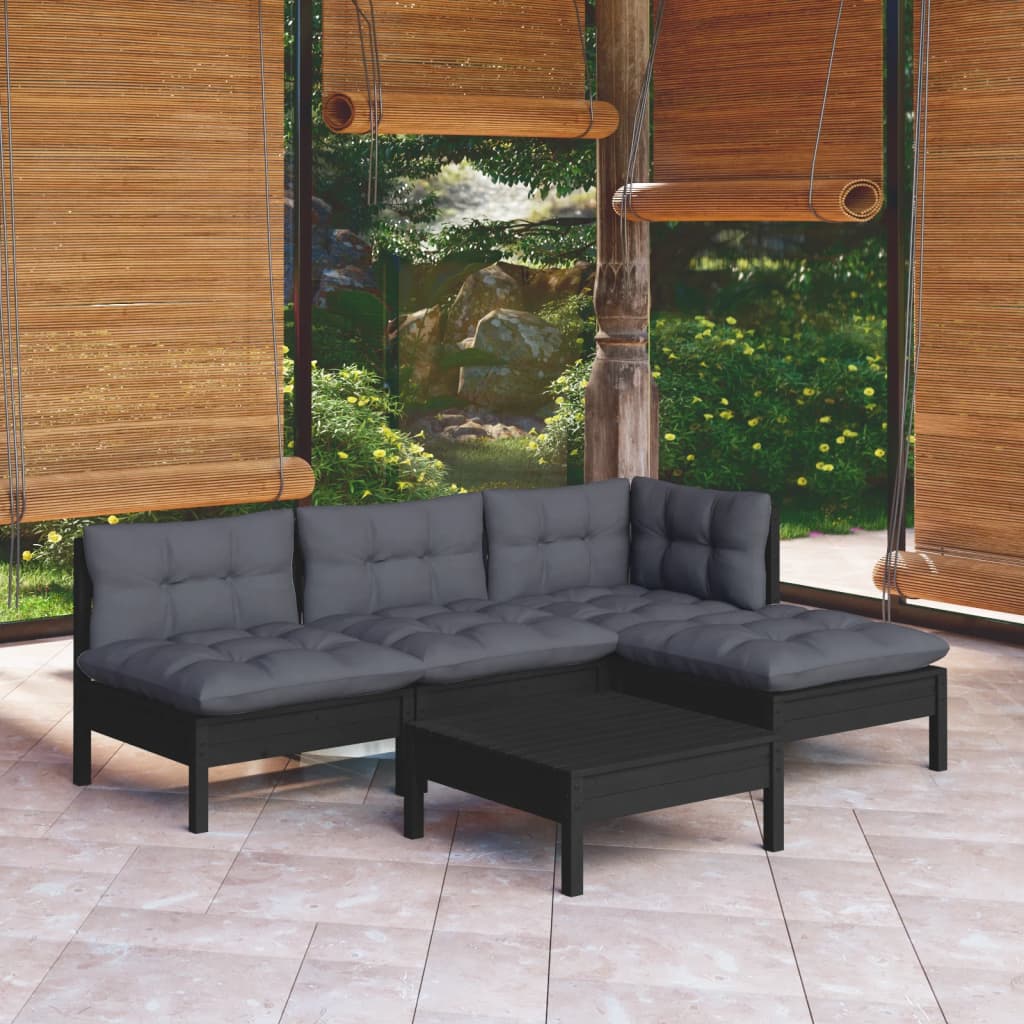 Vetonek Muebles de jardín 5 pzas con cojines negro madera de pino