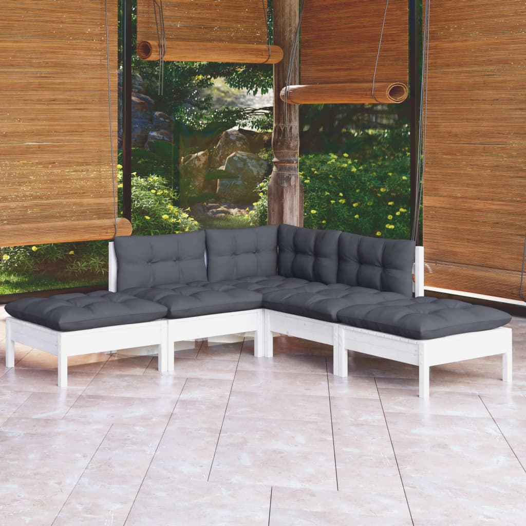 Vetonek Muebles de jardín 5 pzas con cojines blanco madera de pino