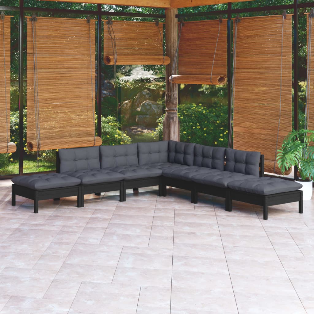 Vetonek Muebles de jardín 7 pzas con cojines negro madera de pino