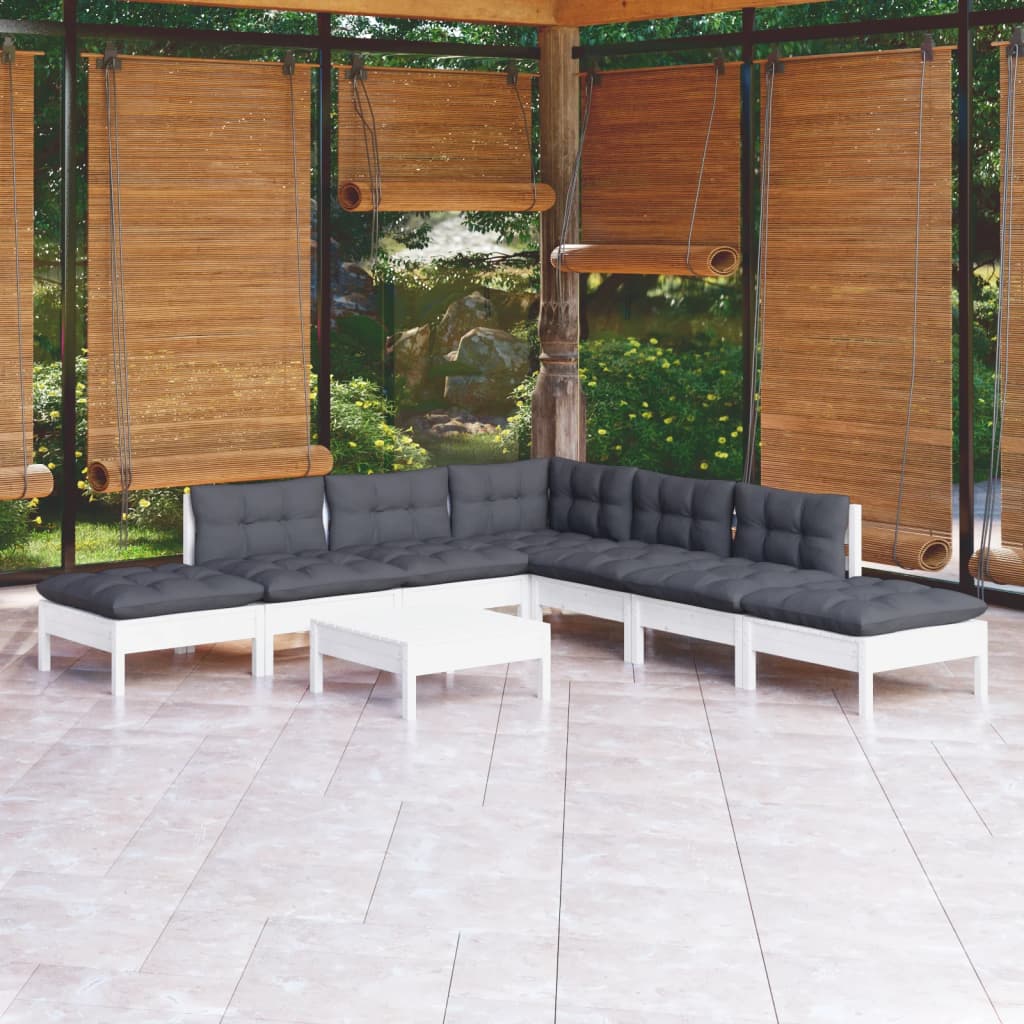 Vetonek Muebles de jardín 8 pzas con cojines blanco madera de pino