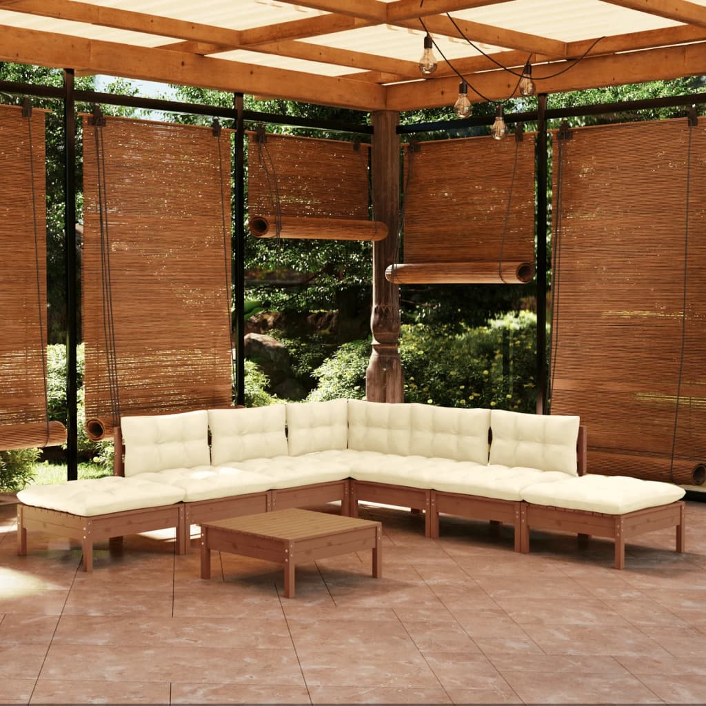 Vetonek Muebles de jardín 8 pzas y cojines madera de pino marrón miel