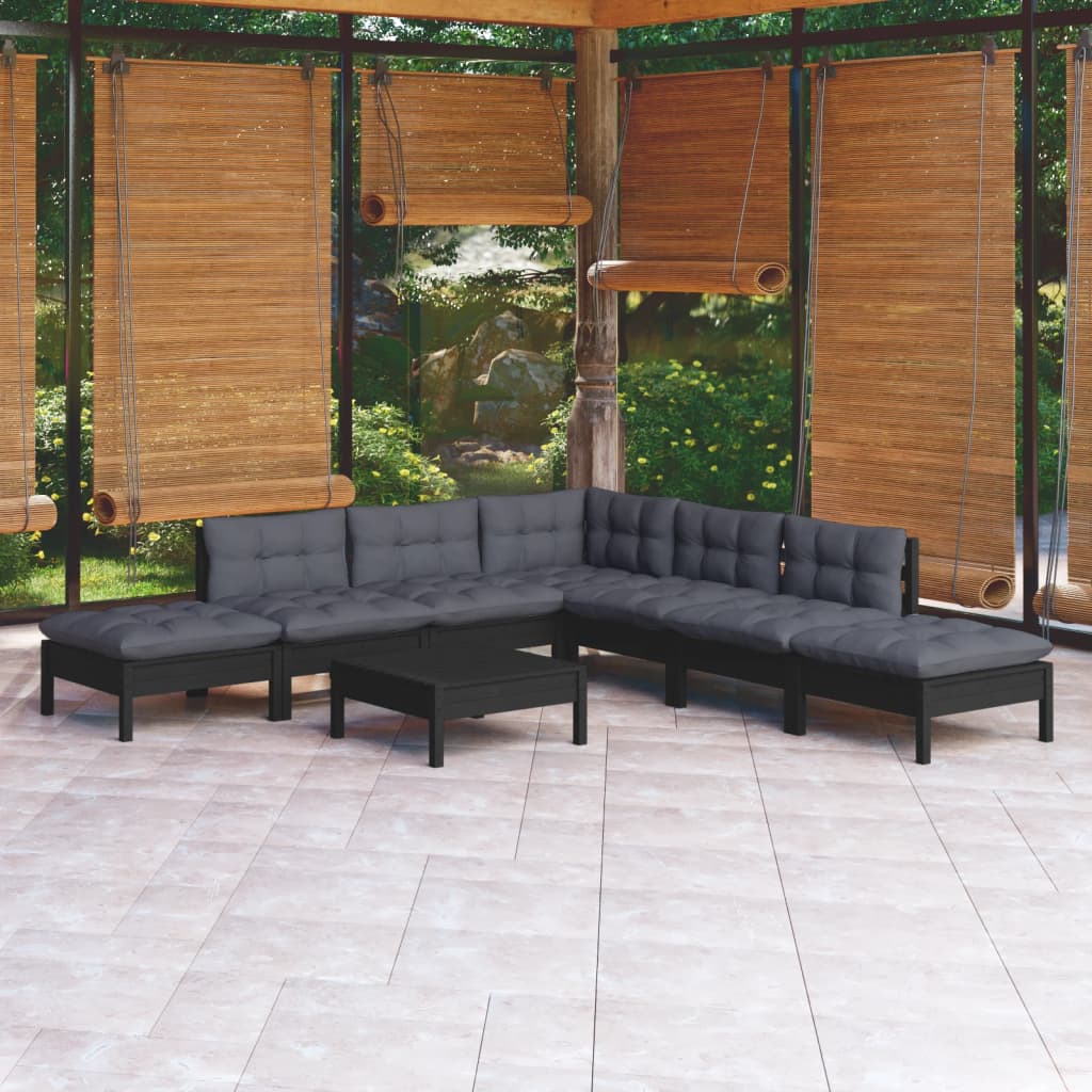 Vetonek Muebles de jardín 8 pzas con cojines negro madera de pino