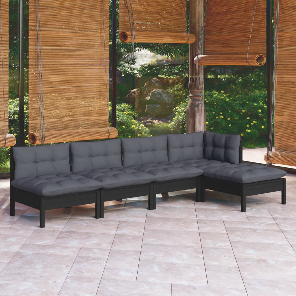 Vetonek Muebles de jardín 5 pzas con cojines negro madera de pino