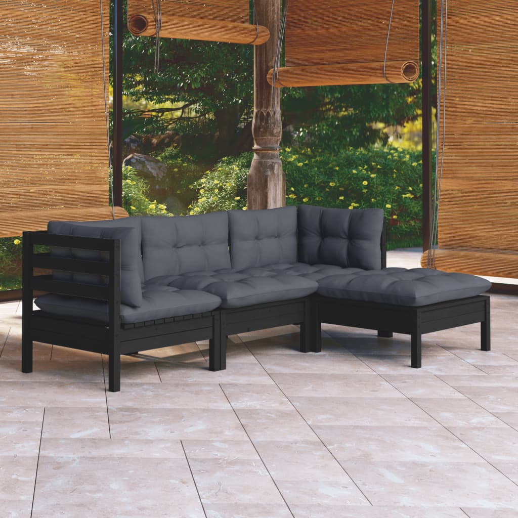 Vetonek Muebles de jardín 4 pzas con cojines negro madera de pino