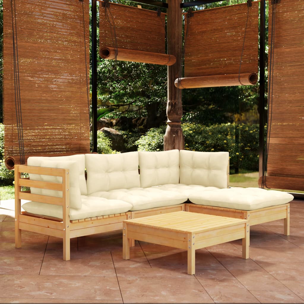 Vetonek Muebles de jardín 5 piezas cojines madera de pino crema