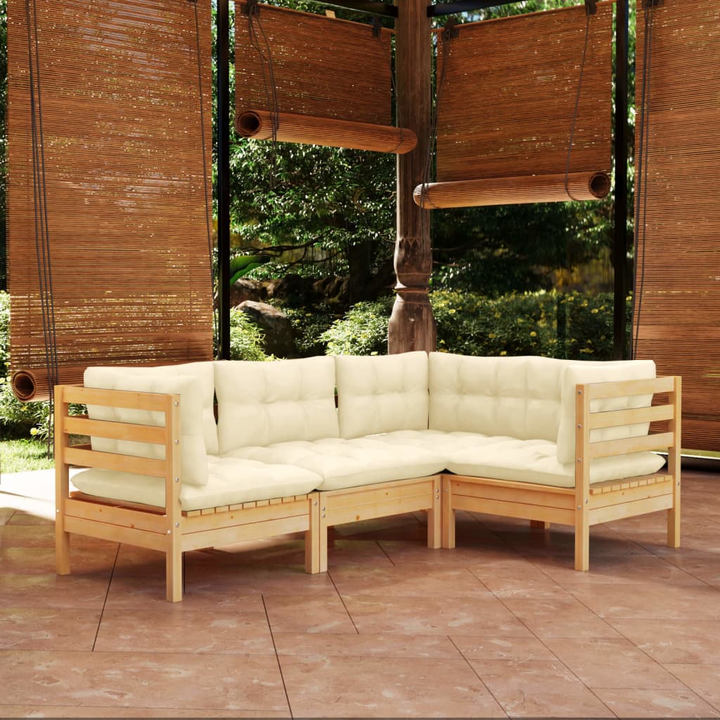 Vetonek Muebles de jardín 4 piezas con cojines madera de pino crema