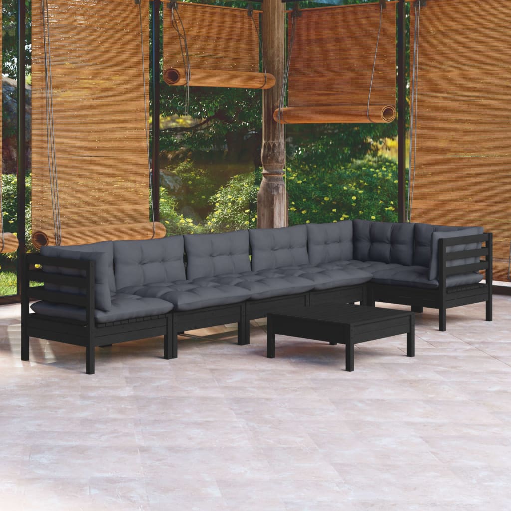 Vetonek Muebles de jardín 7 pzas con cojines negro madera de pino