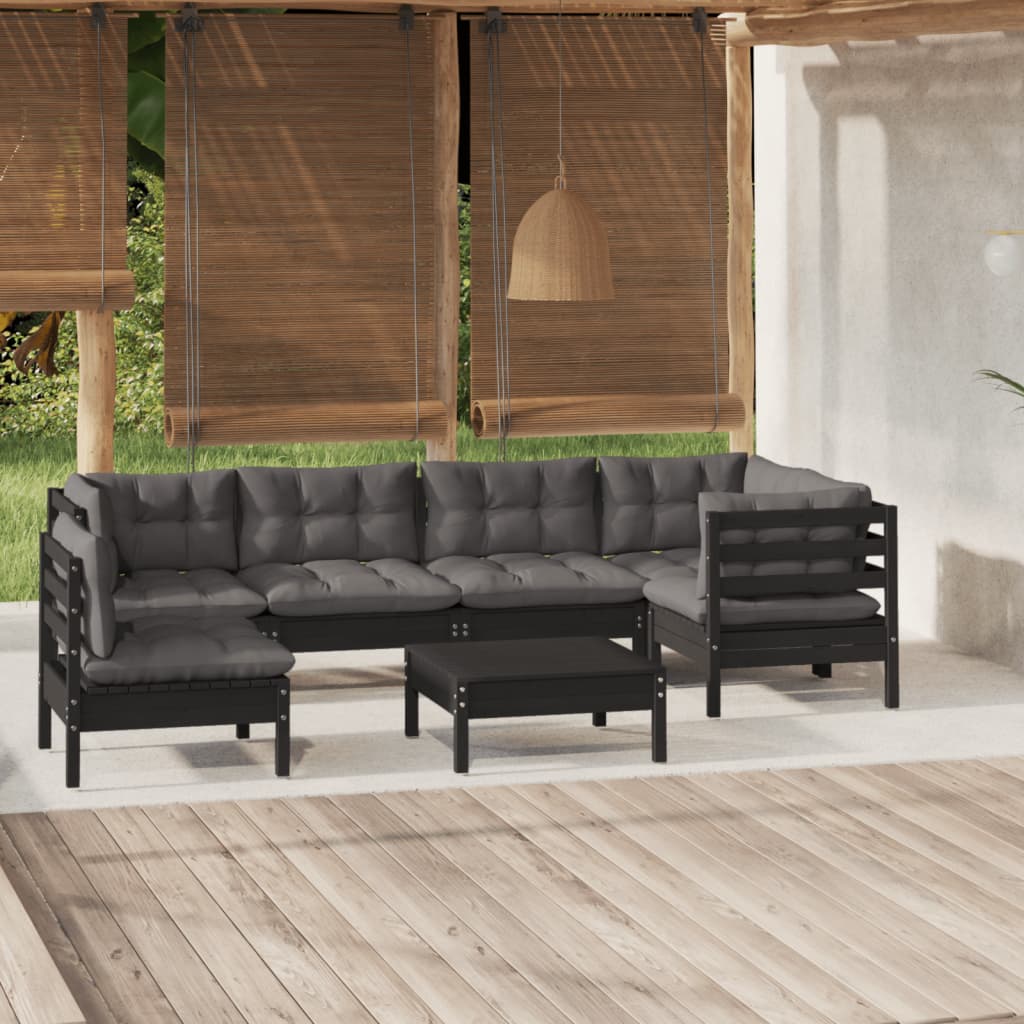 Vetonek Muebles de jardín 7 pzas con cojines negro madera de pino