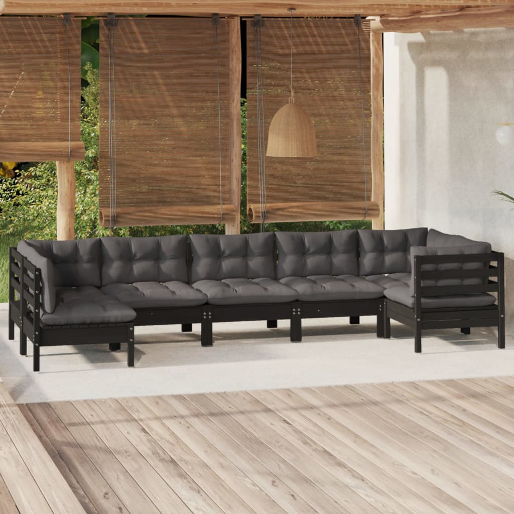 Vetonek Muebles de jardín 7 pzas con cojines negro madera de pino