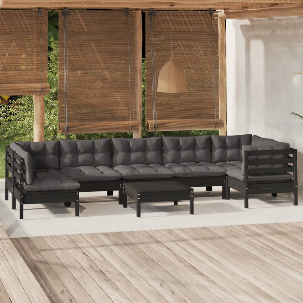 Vetonek Muebles de jardín 8 pzas con cojines negro madera de pino