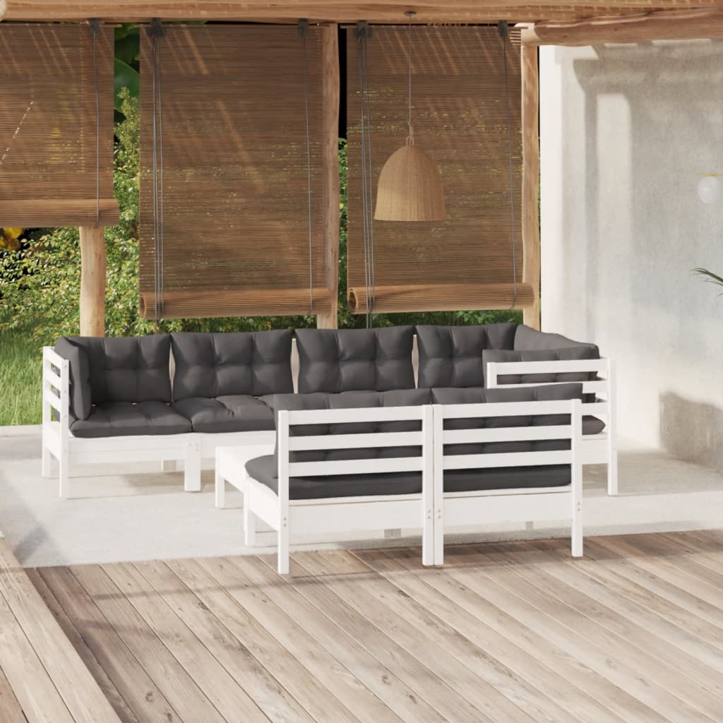 Vetonek Muebles de jardín 8 pzas con cojines blanco madera maciza pino