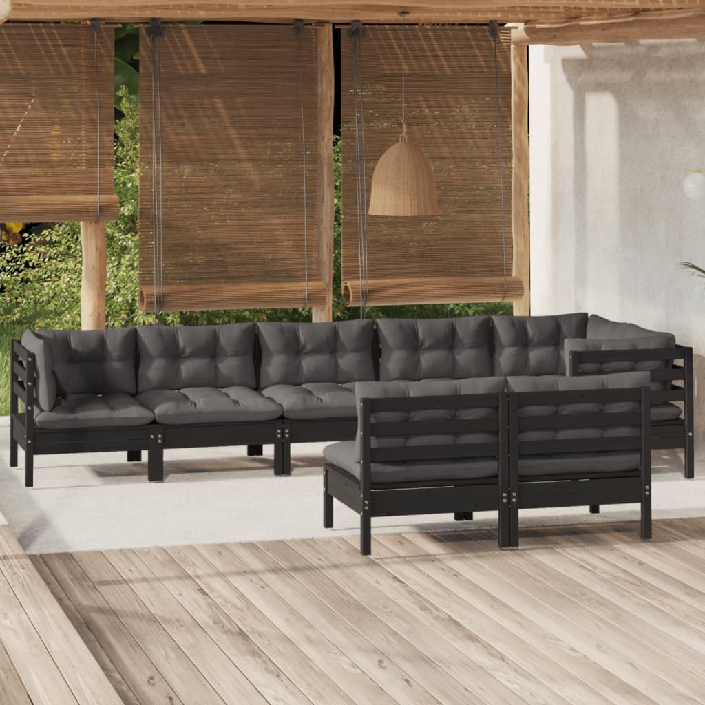 Vetonek Muebles de jardín 8 pzas y cojines negro madera maciza de pino