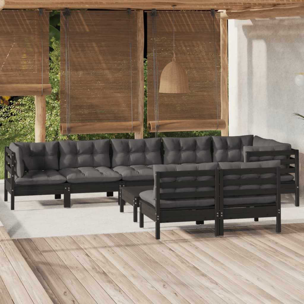 Vetonek Muebles de jardín 9 pzas y cojines negro madera maciza de pino