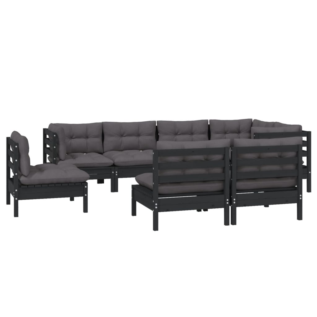 Muebles de jardín 8 pzas y cojines negro madera maciza de pino - Vetonek