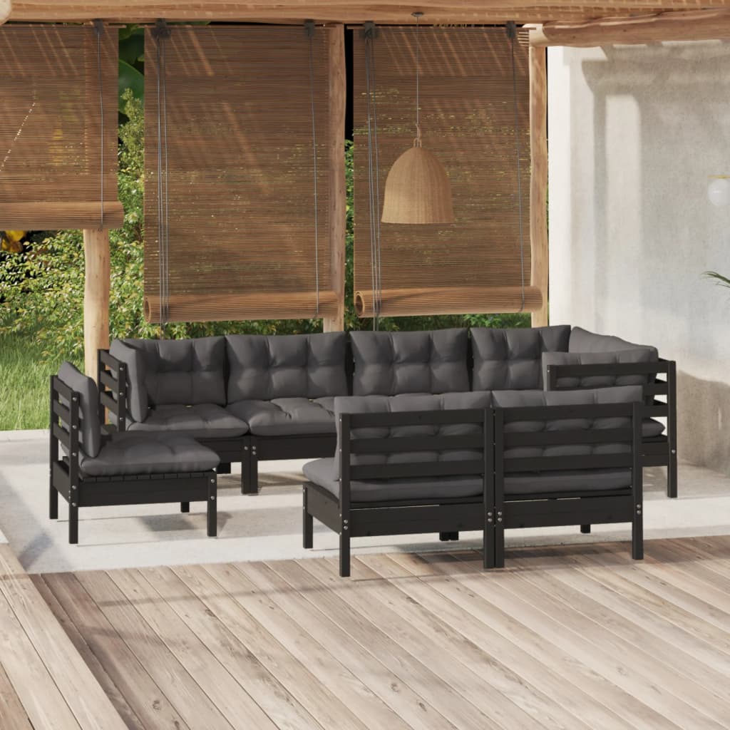 Vetonek Muebles de jardín 8 pzas y cojines negro madera maciza de pino