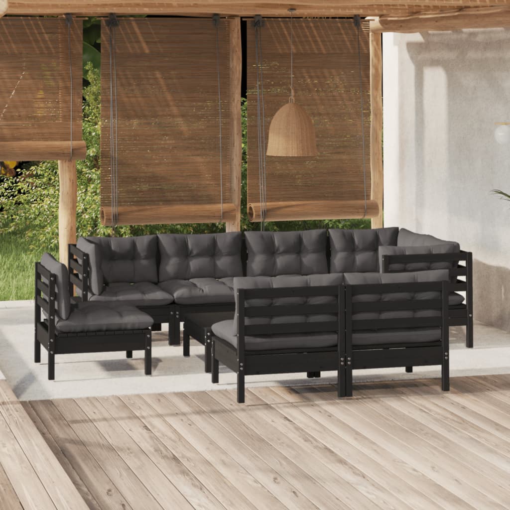 Vetonek Muebles de jardín 9 pzas y cojines negro madera maciza de pino