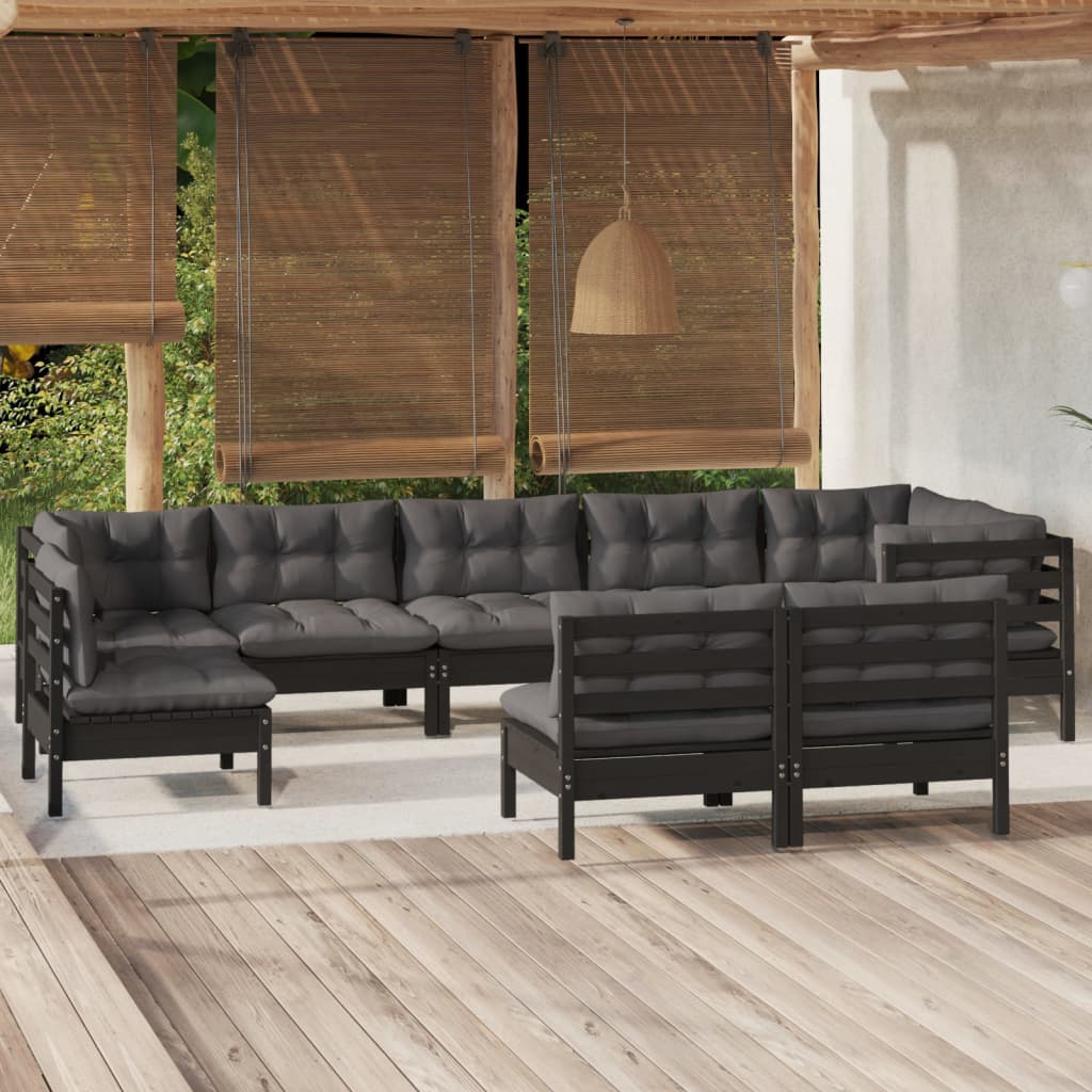 Vetonek Muebles de jardín 9 pzas y cojines negro madera maciza de pino