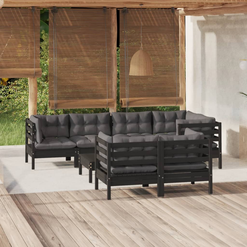 Vetonek Muebles de jardín 8 pzas con cojines negro madera maciza pino