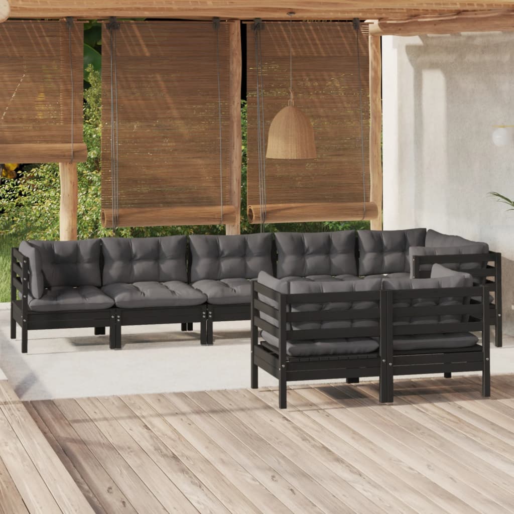 Vetonek Muebles de jardín 8 pzas y cojines negro madera maciza de pino