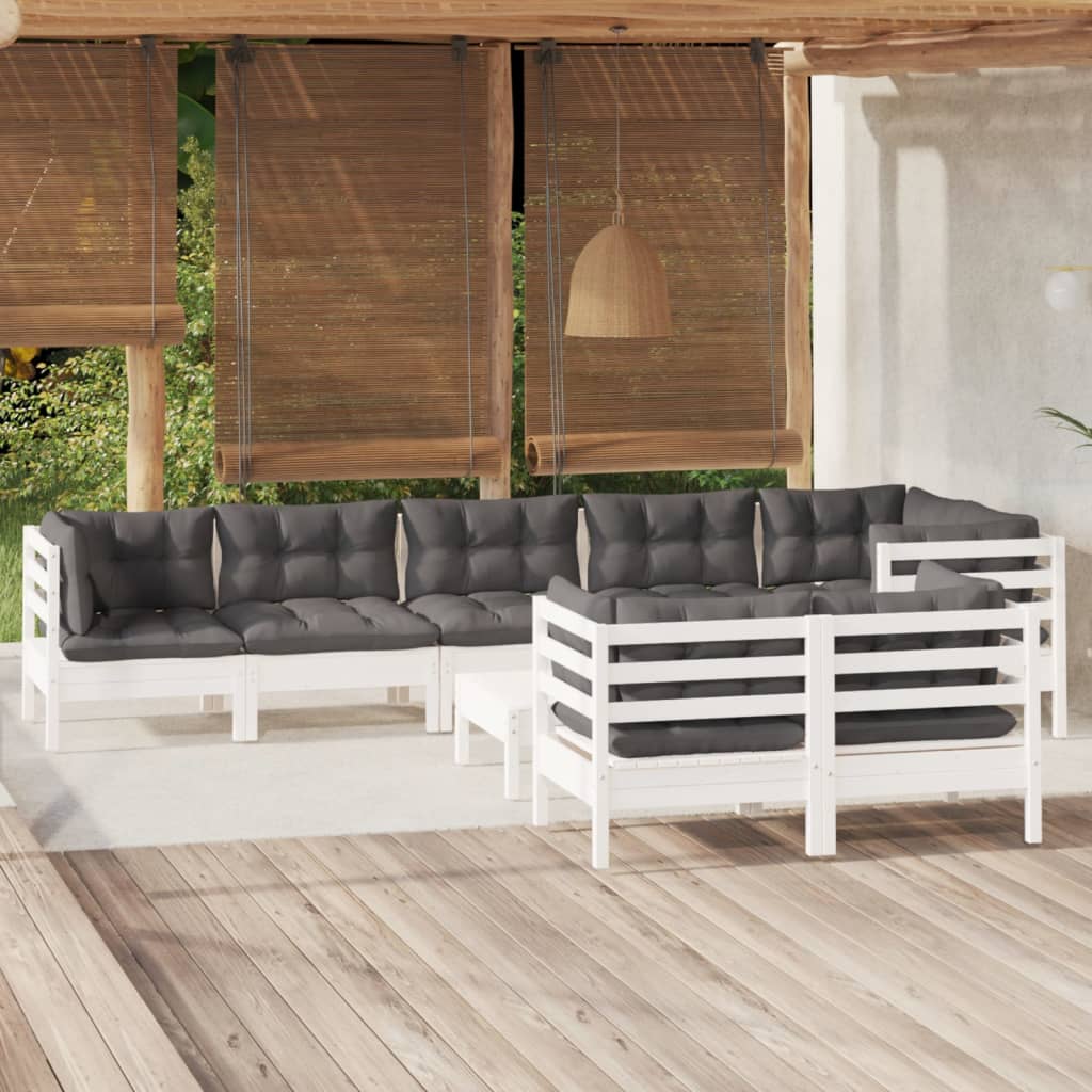 Vetonek Muebles de jardín 9 pzas con cojines blanco madera maciza pino