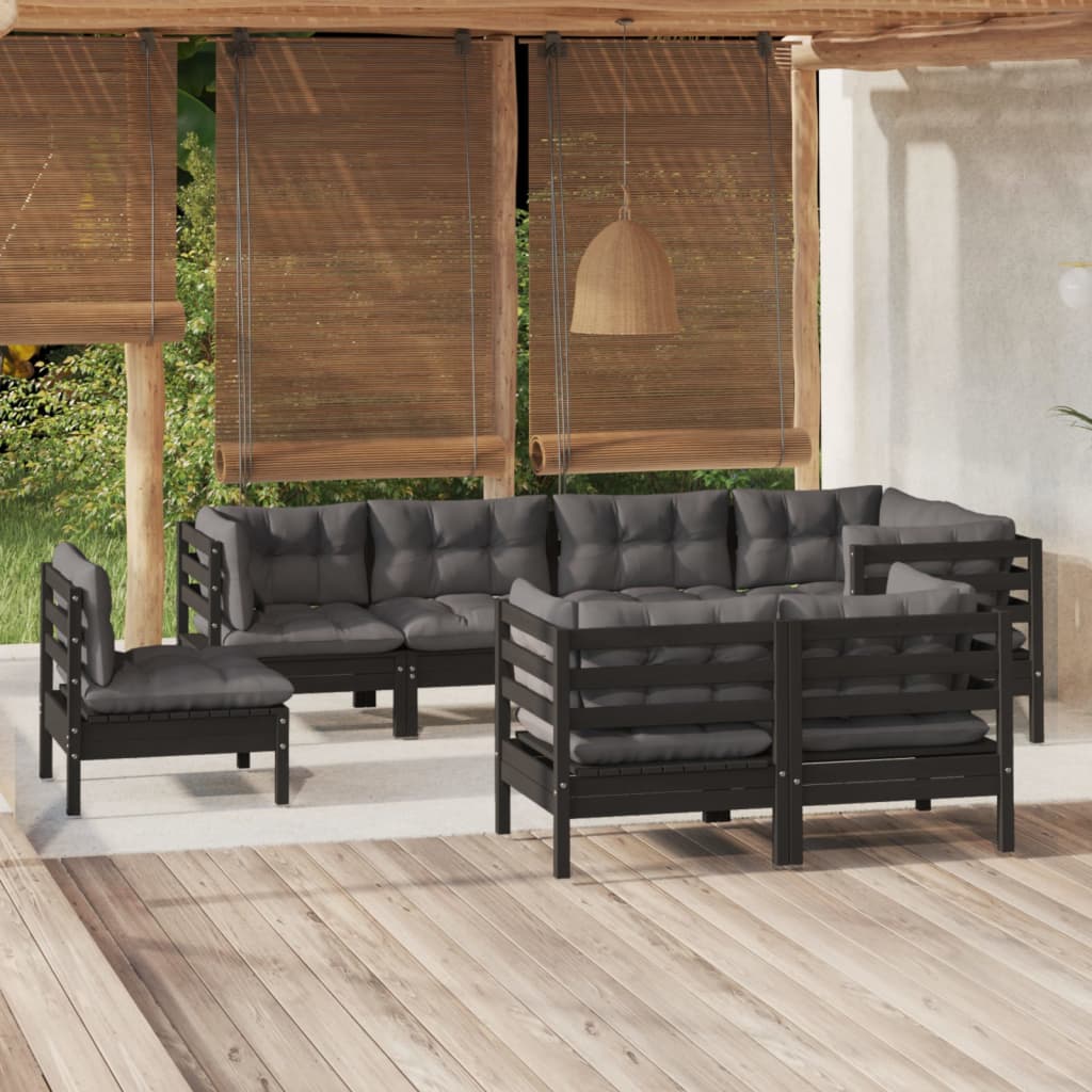 Vetonek Muebles de jardín 8 pzas y cojines negro madera maciza de pino