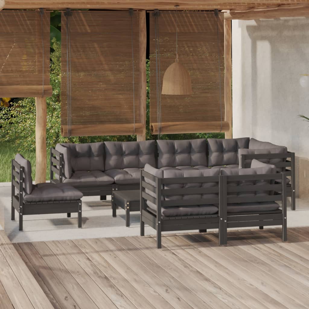 Vetonek Muebles de jardín 9 pzas con cojines negro madera maciza pino