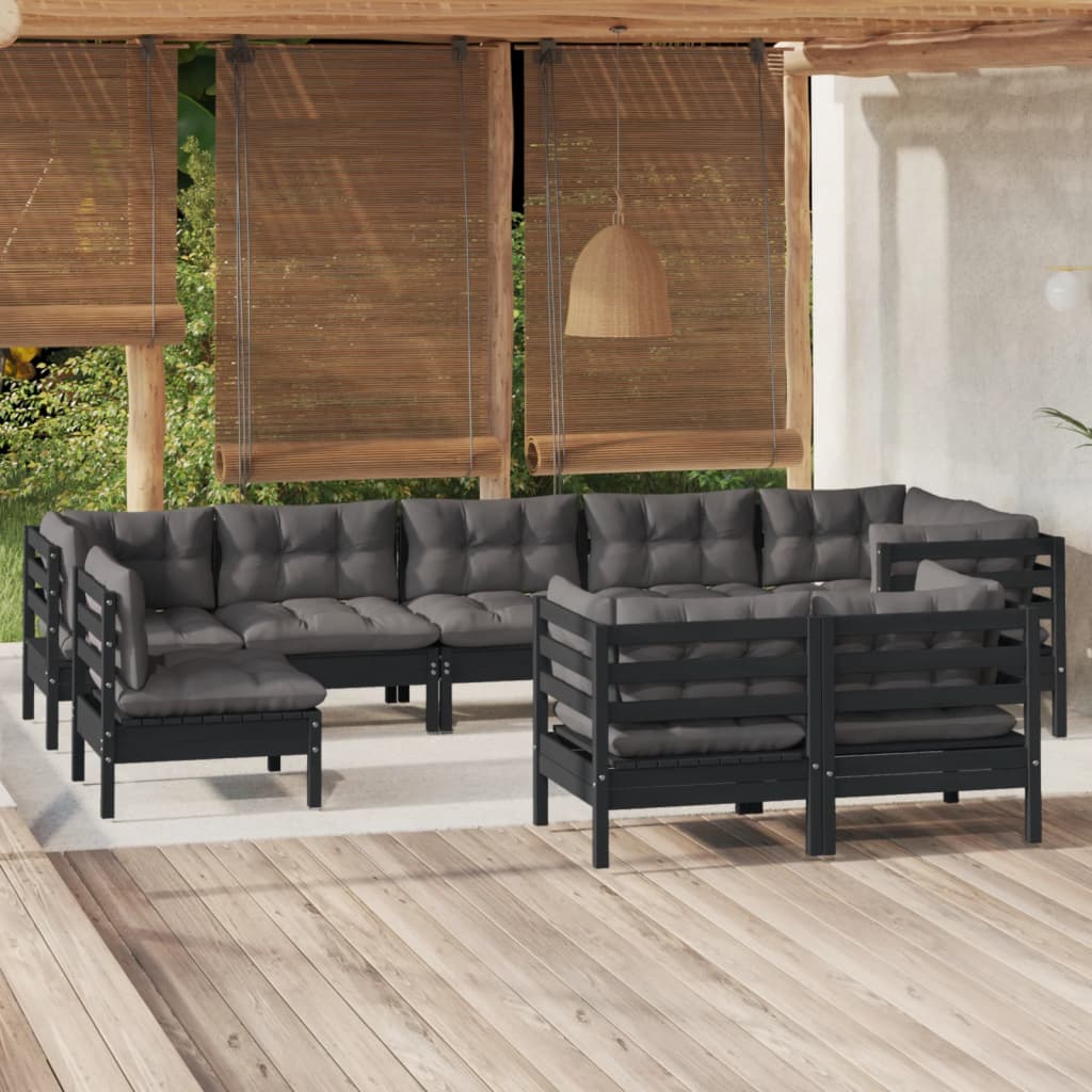 Vetonek Muebles de jardín 9 pzas y cojines negro madera maciza de pino