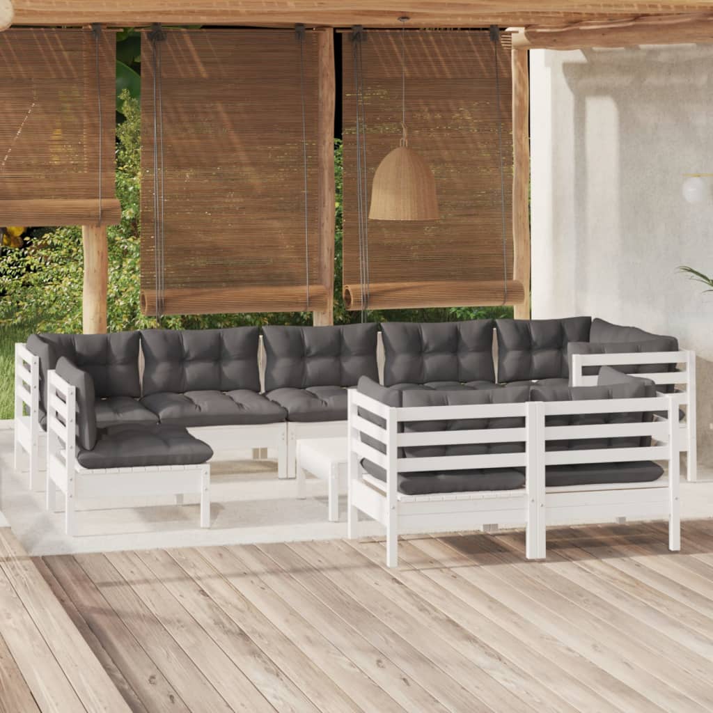 Vetonek Muebles de jardín 10 pzas con cojines blanco madera maciza pino