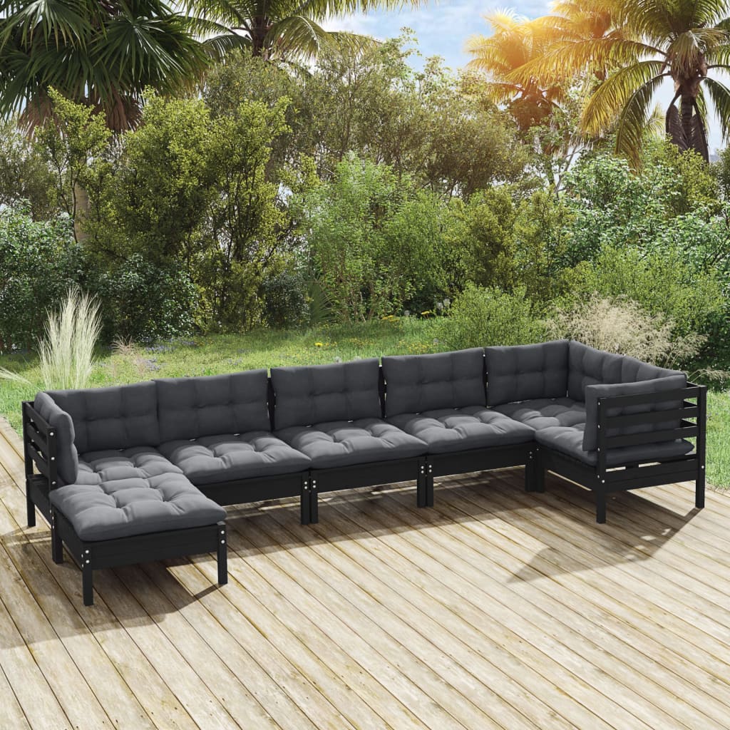 Vetonek Muebles de jardín 7 pzas con cojines negro madera maciza pino