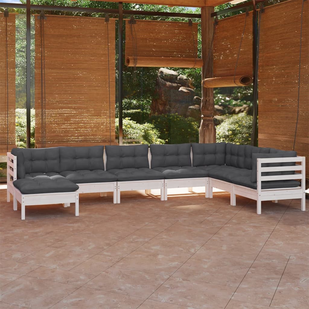 Vetonek Muebles de jardín 8 pzas con cojines blanco madera maciza pino