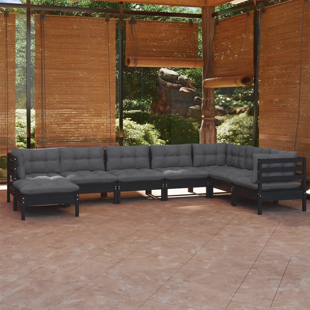 Vetonek Muebles de jardín 8 pzas con cojines negro madera maciza pino