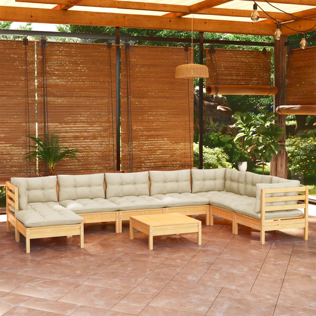 Vetonek Muebles de jardín 9 pzas y cojines madera maciza de pino crema