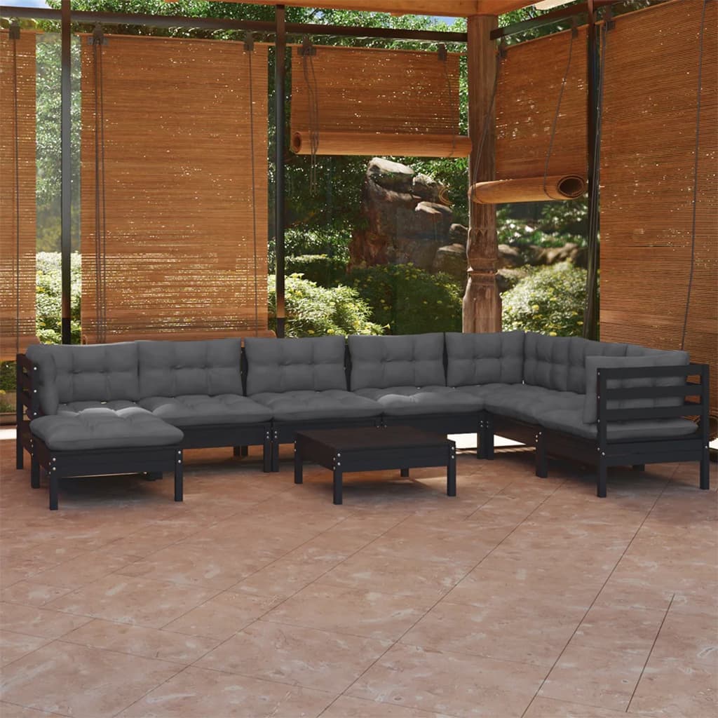 Vetonek Muebles de jardín 9 pzas y cojines negro madera maciza de pino