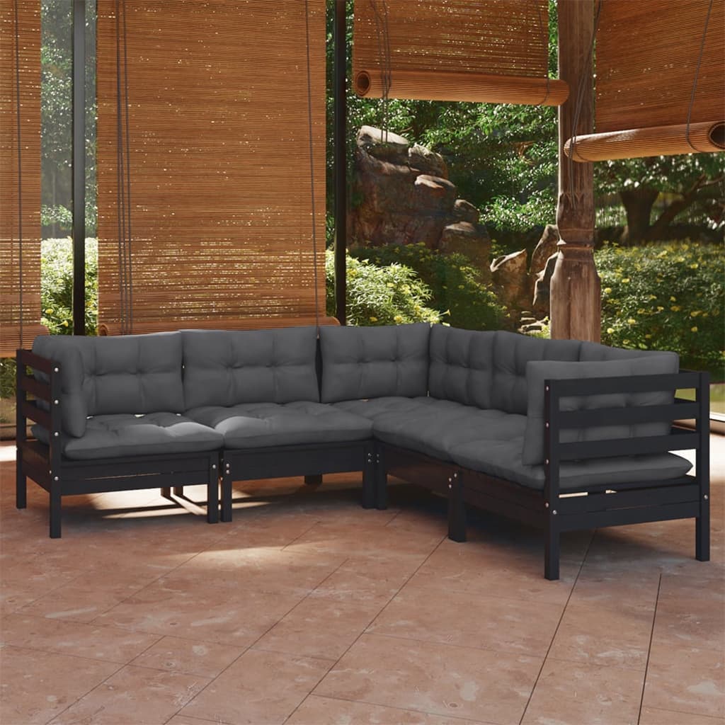 Vetonek Muebles de jardín 5 pzas con cojines negro madera maciza pino