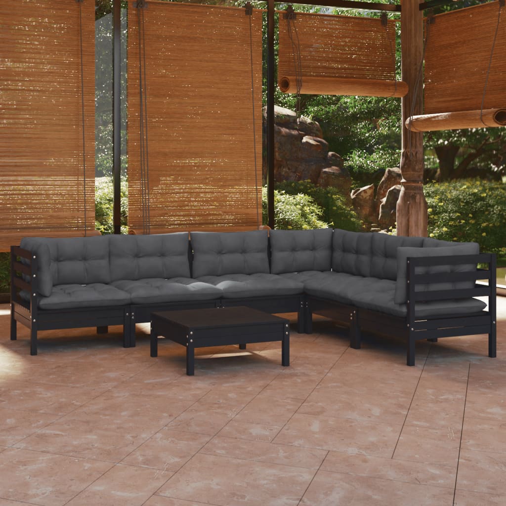 Vetonek Muebles de jardín 7 pzas con cojines negro madera maciza pino