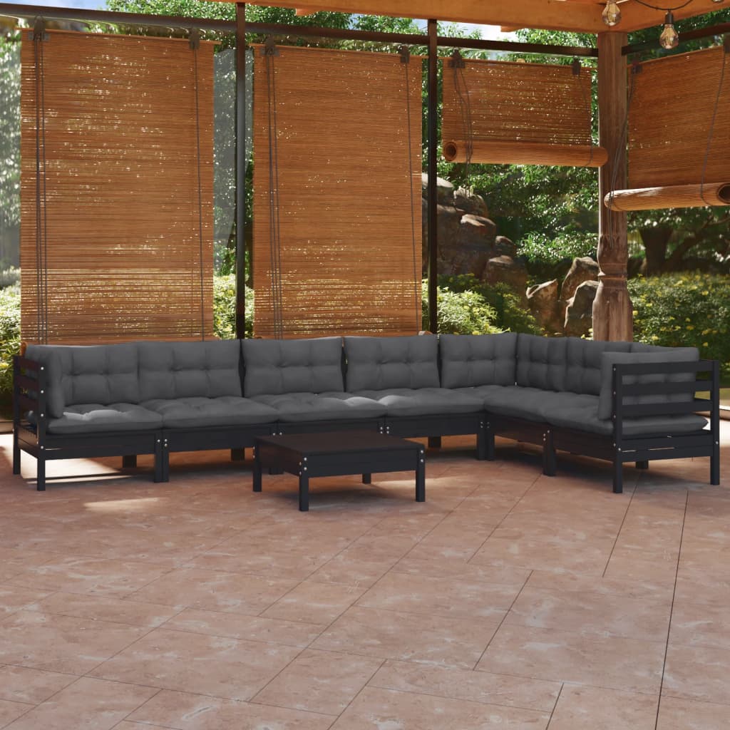 Vetonek Muebles de jardín 8 pzas con cojines negro madera maciza pino