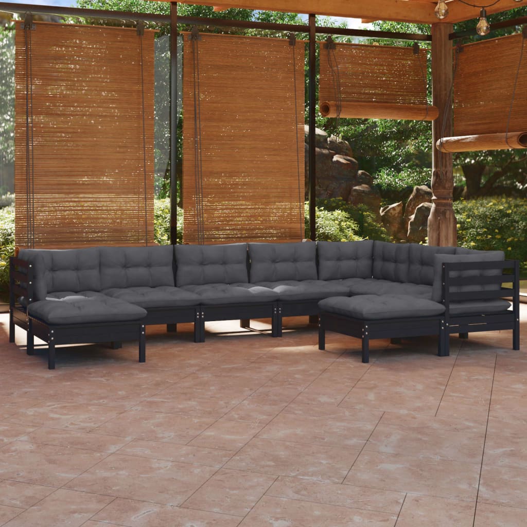 Vetonek Muebles de jardín 9 pzas y cojines negro madera maciza de pino