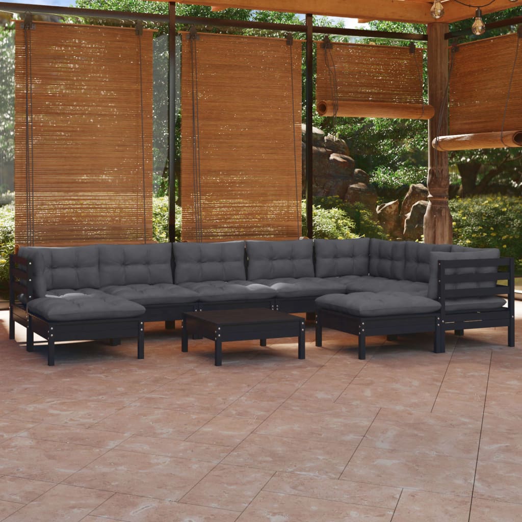 Vetonek Muebles de jardín 10 pzas con cojines negro madera maciza pino